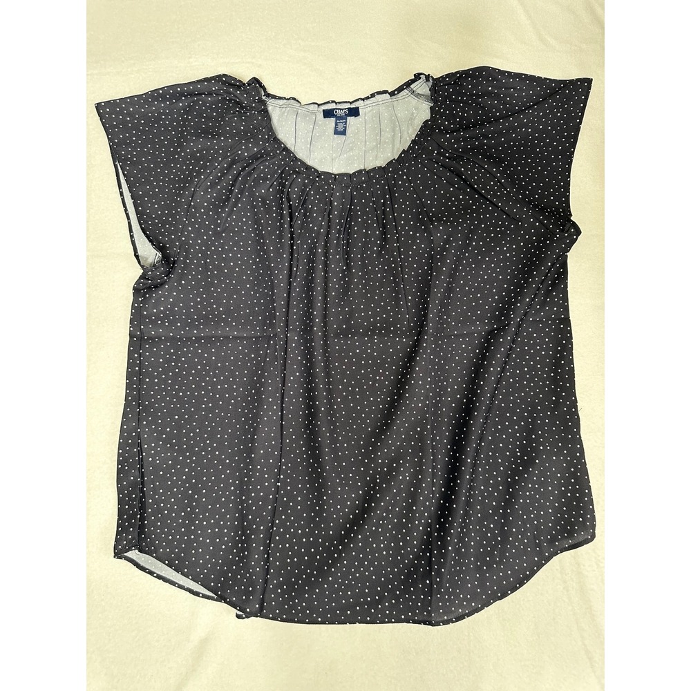 Chaps‎ XL Black Polka Dot Top Ruffle Neckline Short Sleeve Blouse
